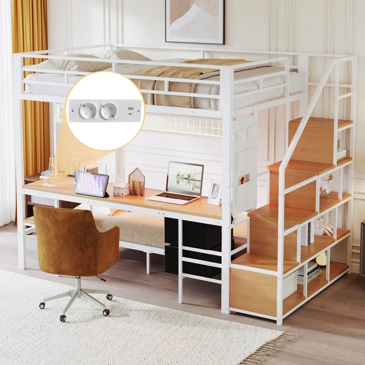 Hochbett Metall/MDF mit Schreibtisch, LED & USB-Anschluss, 247x144,5x170 cm, Weiß, ohne Matratze – Bild 6