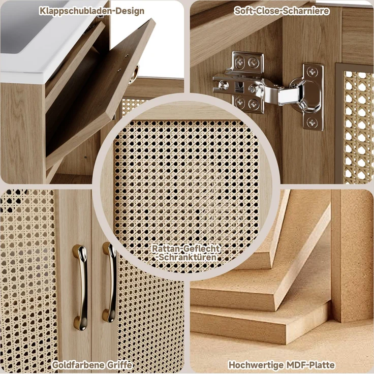 Freistehender Badwaschtisch 76 x 46 x 88 cm aus MDF mit Keramikbecken und Rattan-Geflecht – Bild 7
