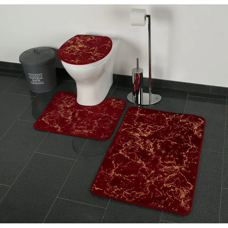 Marmour 3-teilig Bad Matte Dusche Set von 2 Rutsch Stand Bad Matten Wasser absorbierende Toillette Badezimmer Teppich, 1x Matte für Toilettendeckel Marmour-RotGold