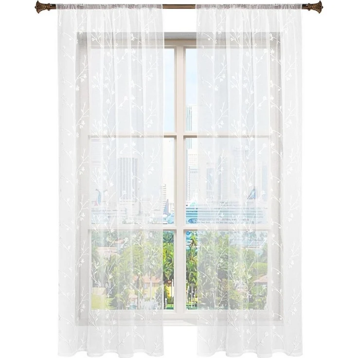 Woltu Gardine (2 St), halbtransparent, transparent Stickerei mit Kräuselband Leinen Optik – Bild 1