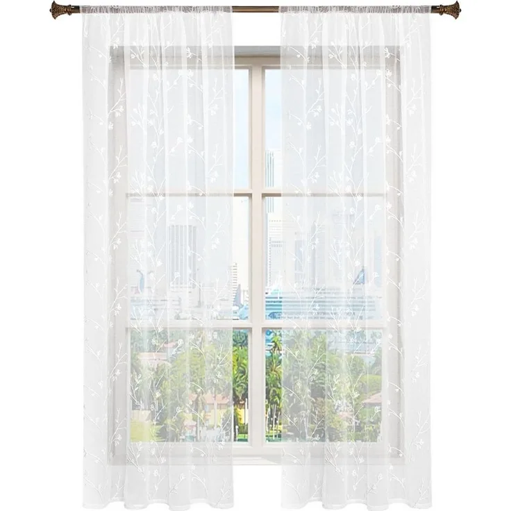 Woltu Gardine (2 St), halbtransparent, transparent Stickerei mit Kräuselband Leinen Optik