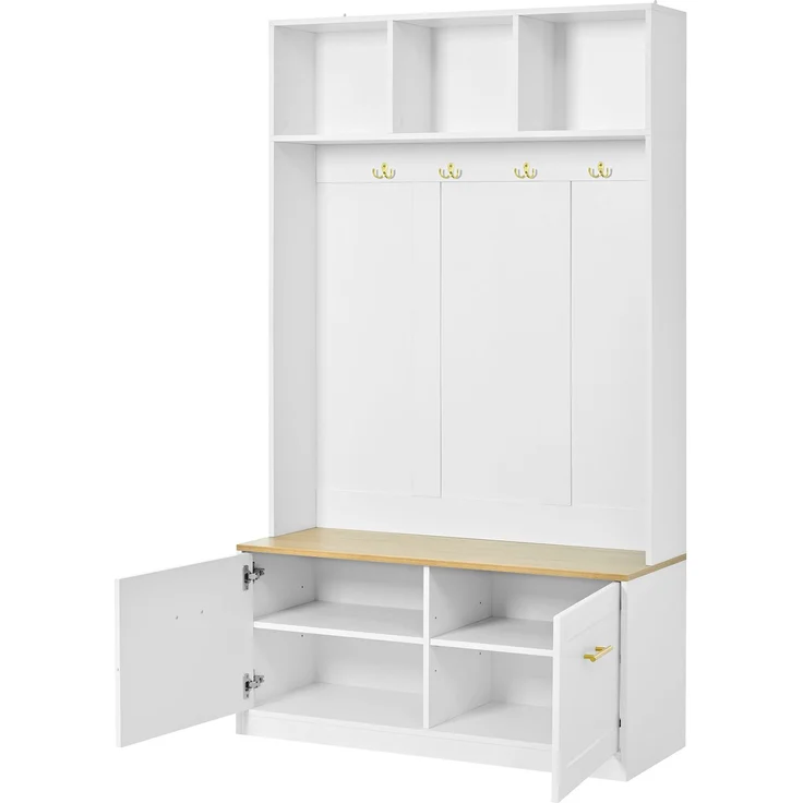 Garderobenset mit Sitzbank, offenem Stauraum und 2 Türen – Kompaktgarderobe mit 4 Haken, in Natur & Weiß, Maße 105 × 40 × 180 cm--Natur + Weiß--105x40x180cm--YOUDENOVA – Bild 10
