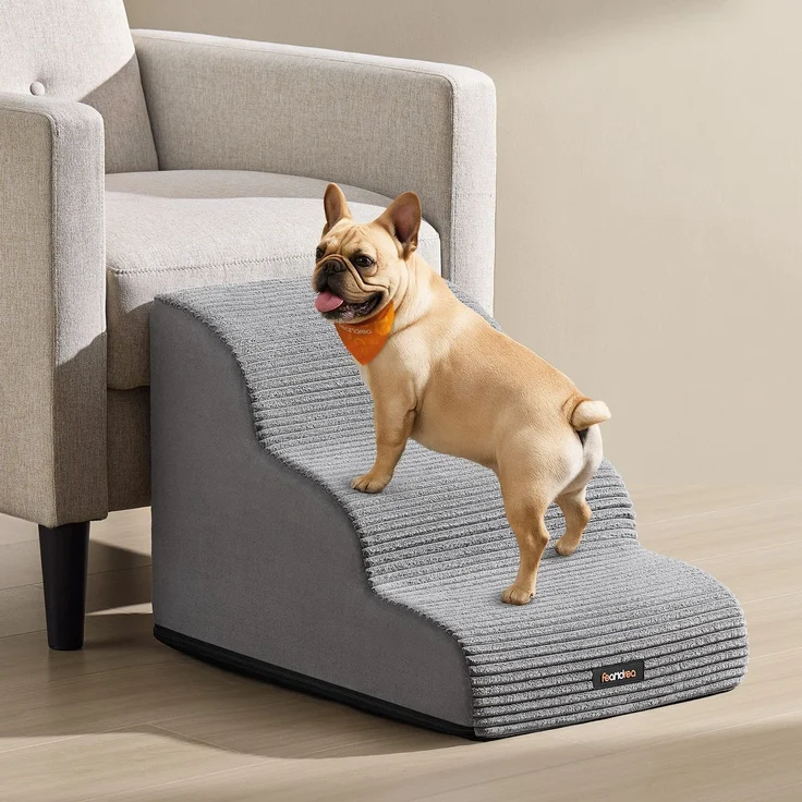 Feandrea Hundetreppe, 3 Stufen, Haustiertreppe, für kleine Hunde, Bett, Sofa, wasserdichte Katzentreppe, rutschfest, gringe Neigung, abnehmbarer waschbarer Bezug, Griff, taubengrau PPSDE003G01 – Bild 1
