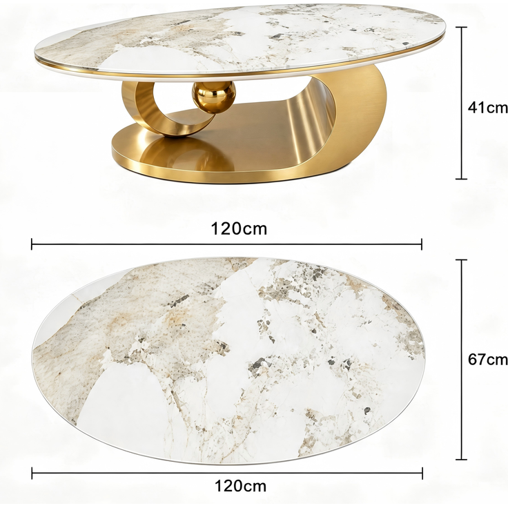 Ovaler Couchtisch mit Glasplatte in Marmoroptik, 120x67x45 cm, Gold/Weiß – Bild 5