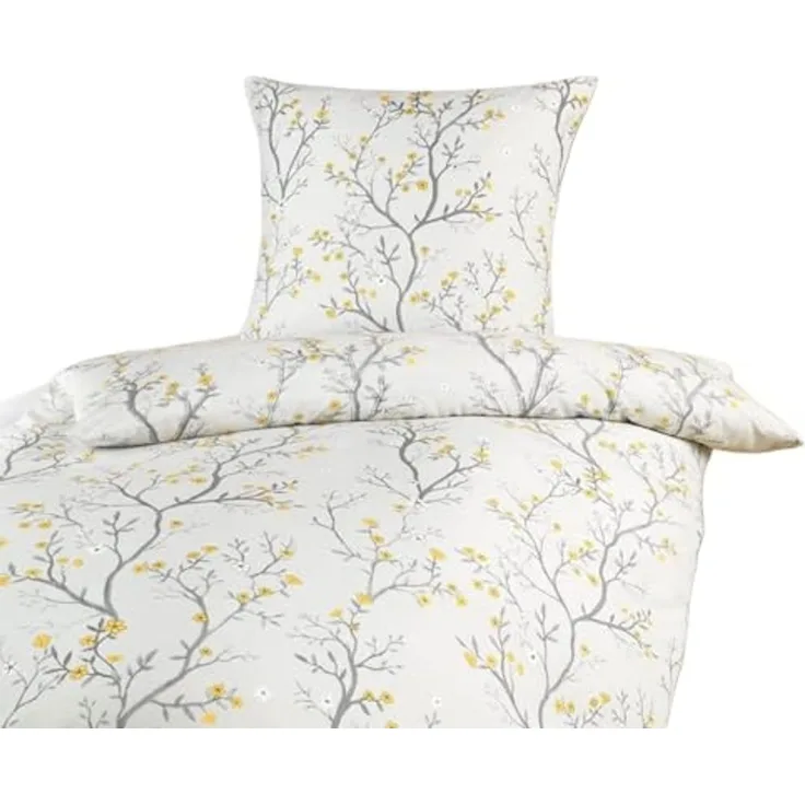 soma Bettwäsche Mikrofaser 135x200 80x80 weiß grau gold Kirschblüten sale, Microfaser, 2 teilig, Ideal für Frühling Sommer Reißverschluss absolut bügelfrei ganzjährig