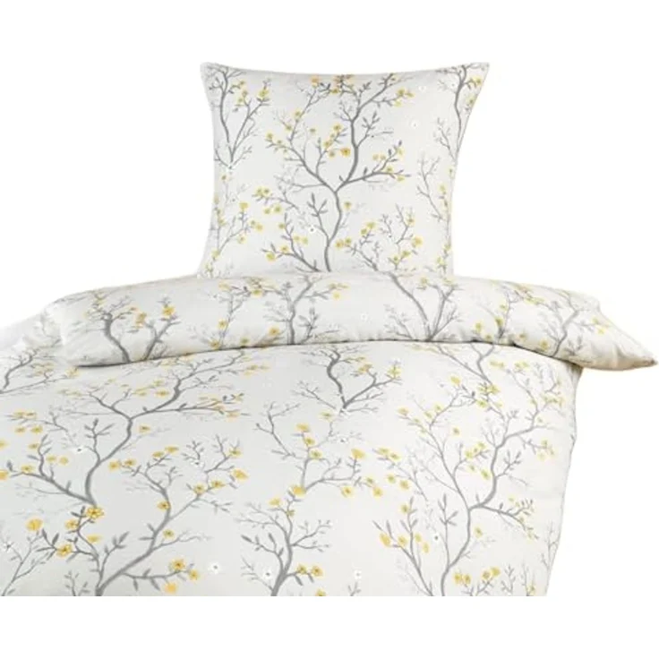 soma Bettwäsche Mikrofaser 135x200 80x80 weiß grau gold Kirschblüten sale, Microfaser, 2 teilig, Ideal für Frühling Sommer Reißverschluss absolut bügelfrei ganzjährig – Bild 1