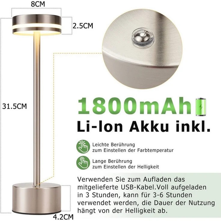 Nettlife LED Tischleuchte Modern Gold/Weiß/Schwarz/Silber Kabellose Nachttischlampe USB-C, Touch Dimmbar, LED fest integriert, Modern Tischlampe für Schlafzimmer Esszimmer Büro – Bild 2