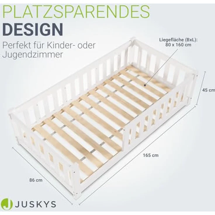 Juskys 'Naya' Kinderbett - mit Matratze, Rausfallschutz & Lattenrost - Bodenbett für Kinder 3 -10 Jahre - Holz Weiß, 80x160 cm – Bild 3