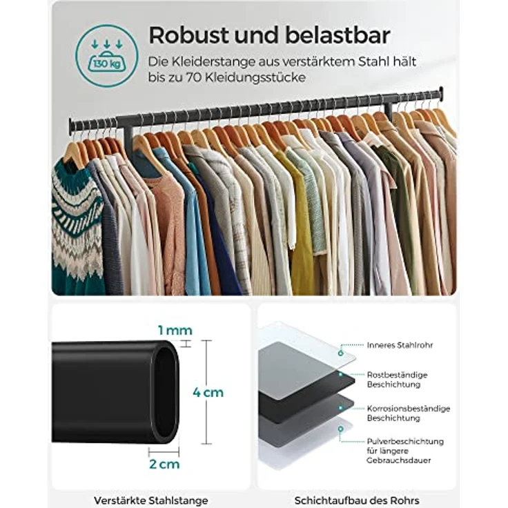 SONGMICS Kleiderständer auf Rollen, Garderobenständer, hochbelastbar, ausziehbare Kleiderstange, bis 130 kg belastbar, 45 x (110-150) x 162,9 cm, aus Metall, verchromt, Mattschwarz HSR011B01 – Bild 4