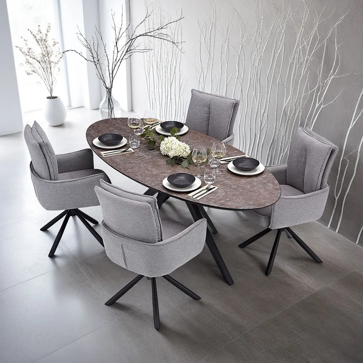Esstisch mit 4 Stühlen Set Essgruppe Polsterstühle Drehbar Stoff Grau Esszimmertisch Oval Modern Metall Braun Schwarz – Bild 1