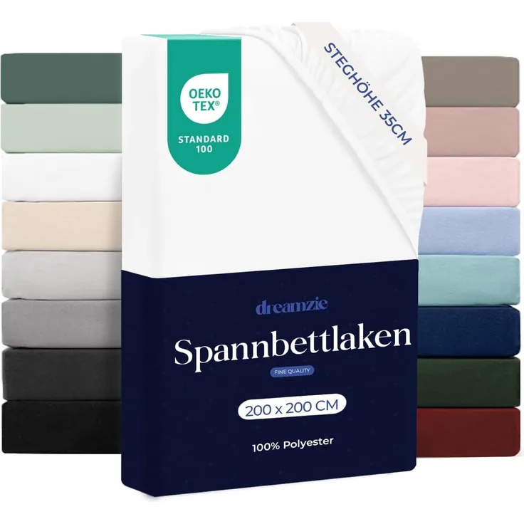 Dreamzie Spannbetttlaken 200x200 cm - Hoher Steg bis 33 cm - 100% Mikrofaser - Weiß - Schadstoffgeprüft (Oeko TEX), Bettlaken mit Gummizug
