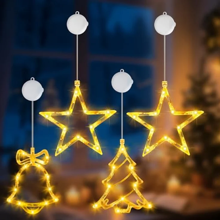 OUILA 4er Set LED Weihnachtsdeko Fenster, Stern + Weihnachtsbaum + Glocke Weihnachtsstern Fenster Batterie und Timer Saugnapf Lichterkette für Fensterbeleuchtung Weihnachten Innen Weihnachtsgeschenke – Bild 2