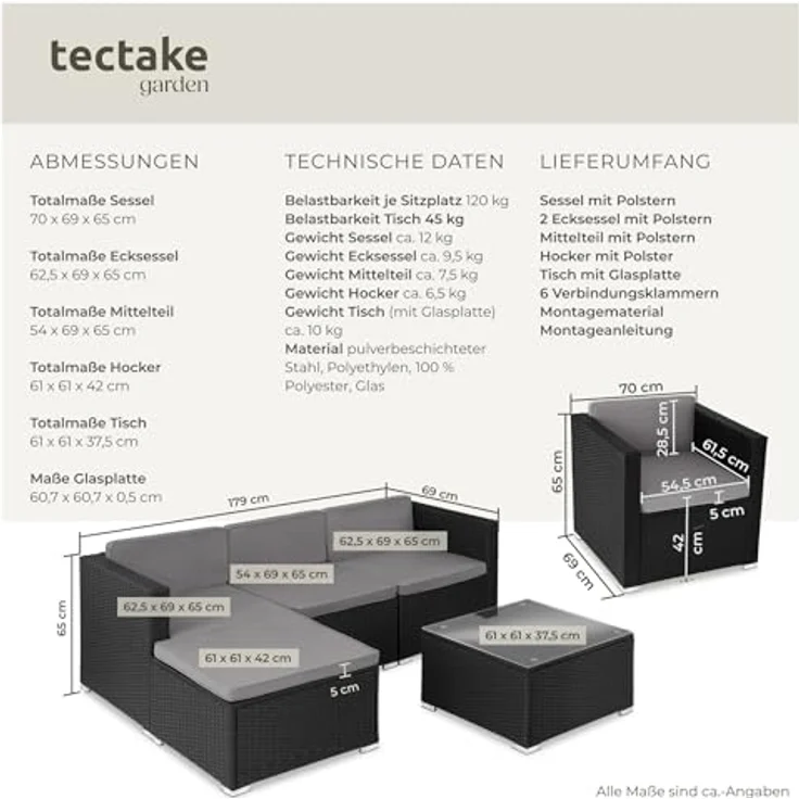 tectake® Poly Rattan Lounge, Outdoor Gartenmöbel Set mit Sofa, Sessel, Hocker und Tisch, variabel kombinierbar, Möbel wetterfest für 4-5 Personen, Balkonmöbel, Gartenlounge, Terrassenmöbel - schwarz – Bild 7