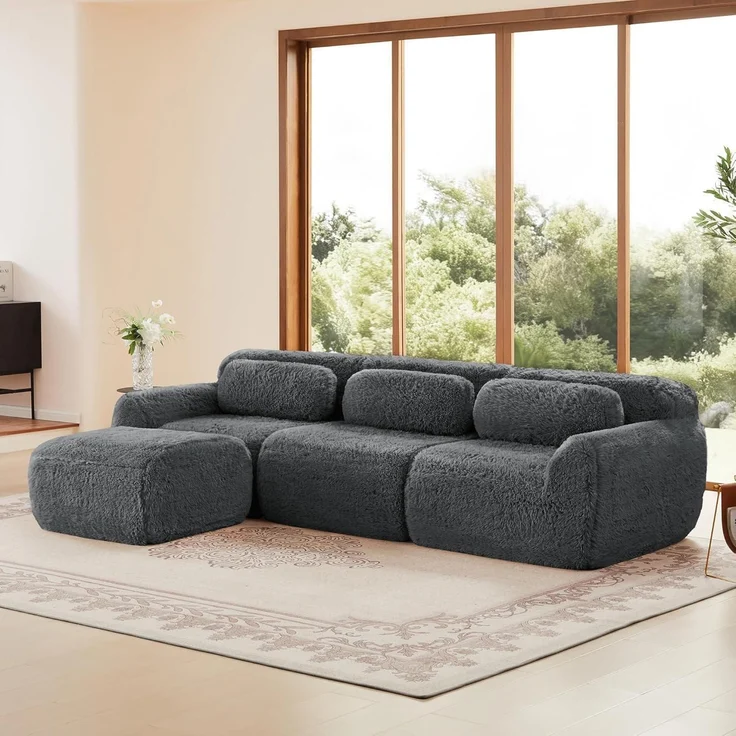 3 Sitzer Sofa Hocker L Form modular Grau 3-Sitzer Sofa + 1 Hockern – Bild 3