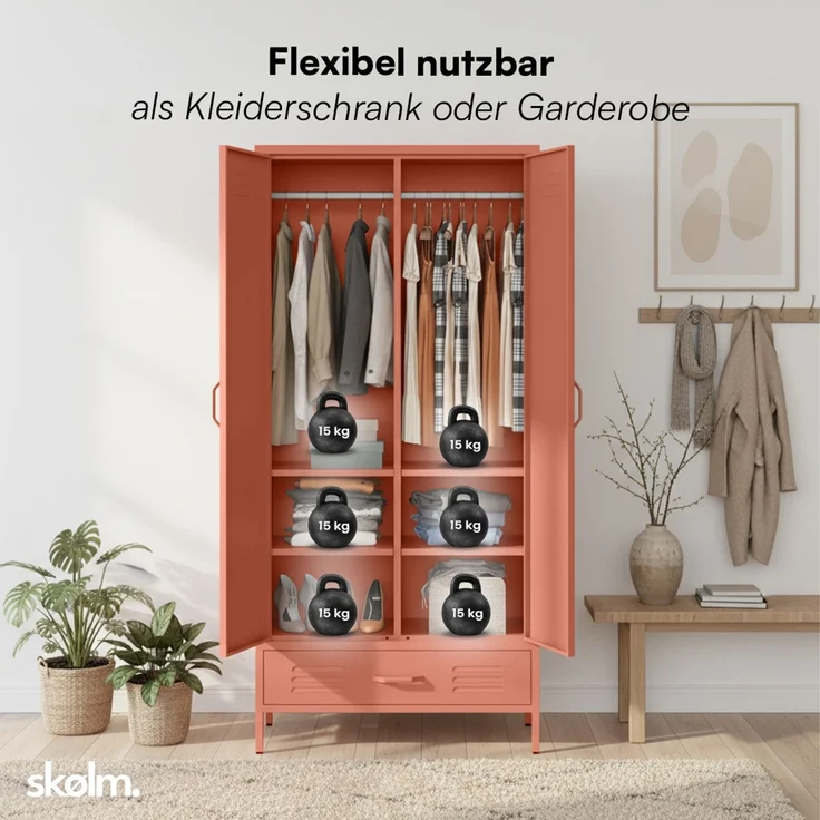 skølm 'Atria' Kleiderschrank mit Schublade, Metall, 170x45x80 cm, terrakotta, Garderobe mit 4 Fächern und 2 Kleiderstangen – Bild 6