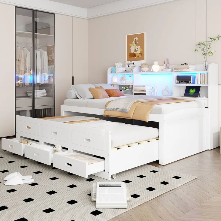 Bett 90x200 cm mit Ausziehfunktion, LED-Fernbedienung und Stauraum – Weiß
