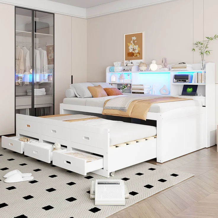 Bett 90x200 cm mit Ausziehfunktion, LED-Fernbedienung und Stauraum – Weiß – Bild 1