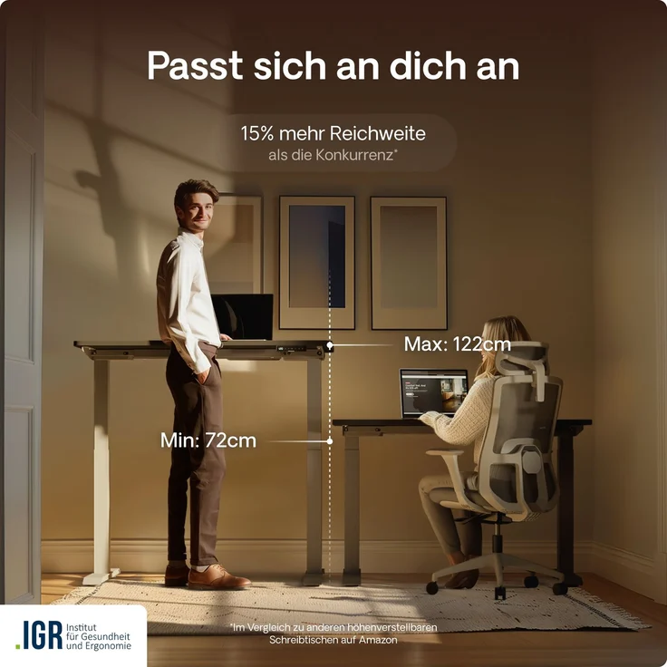 Desktronic HomeOne Elektrisch höhenverstellbarer Schreibtisch 160x80cm Grau/Schwarz mit Memory-Funktion, Anti-Kollisions Technologie, USB-A und USB-C-Ladeanschlüssen – Bild 7