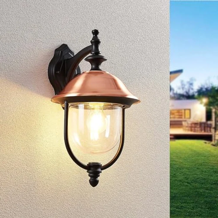 Lindby Wandleuchte Clint, spritzwassergeschützte Retro-Außenlaterne in Kupfer, 1-flammig E27, für Garten, Terrasse und Balkon – Bild 3