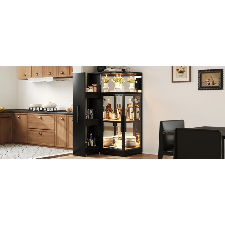 ZUBALIYA Ausziehbare Glasvitrine 64×42×112 cm mit LED-Beleuchtung, Vitrine mit doppelseitigem ESG-Glas, ausziehbarer Seitenschrank,Vitrine,Sammlervitrine, Weinschrank, Küchenschrank, Schwarz – Bild 18