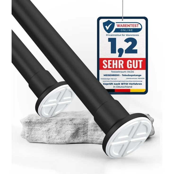 MEISENBERG Gardinenstange zum Klemmen 160-210cm, Matt Schwarz, Ø 32 mm, Duschvorhangstange ohne Bohren - Vorhangstange für Gardinen, Bäder und Balkon