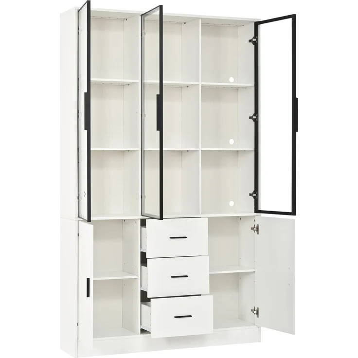 ZUBALIYA Vitrine mit Glasschrank Tür und LED-Licht, Vitrinenschrank Glasvitrine mit MultiStorage Bücherregal, Highboard Sammlervitrine mit Griff, 3 Schubladen & Türen, Wohnzimmerschrank, Weiß – Bild 18