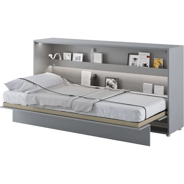 MEBLINI Schrankbett Bed Concept - BC-06 - 90x200cm Horizontal - Grau Matt mit Matratze - Wandbett mit Lattenrost - Klappbett mit Schrank - Wandklappbett - Murphy Bed - Bettschrank
