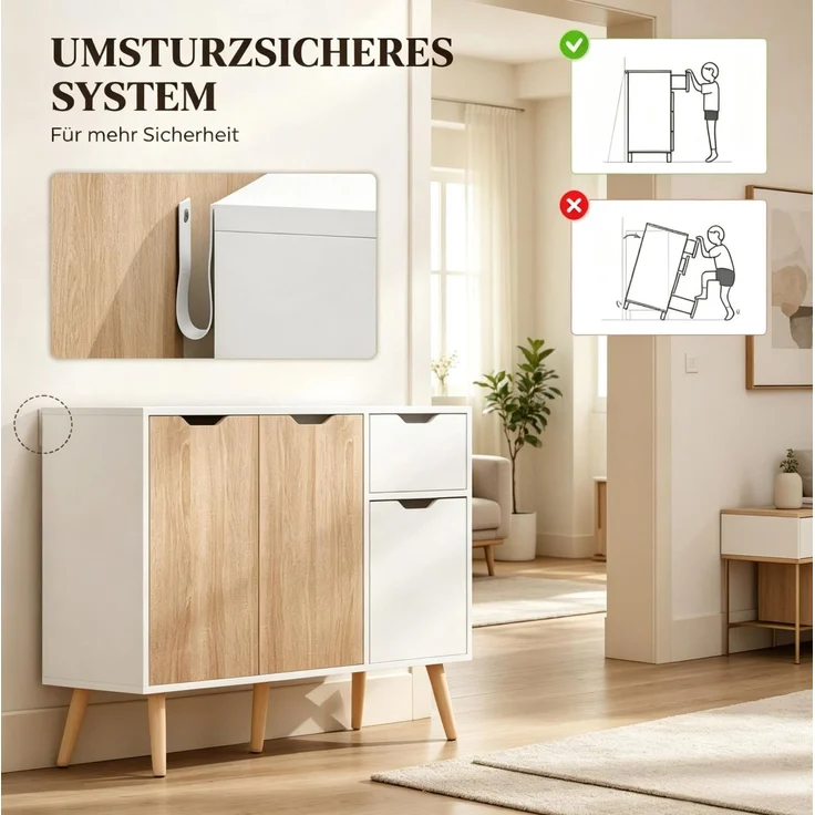 DESVIAE Sideboard Weiß/Helleiche aus Spanplatte/Kiefernholz – 90x72x30 cm – 2 Schränke, Schublade – Bild 4