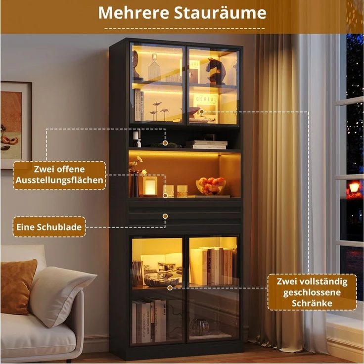 Merax Glasvitrine mit RGB LED-Beleuchtung inkl. App-Steuerung, 80 L x 35 B x 200 H cm (1-St, Wohnzimmerschrank Bücherschrank Ausstellungsschrank) Vitrine Hochschrank mit 4 Glastüren, Schublade & Stauraum – Bild 4