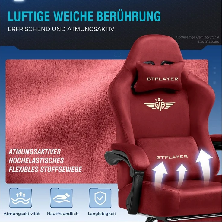 GTPLAYER Gaming-Stuhl Atmungsaktiver Bürostuhl, ergonomisch Hochwertiger - Stoff/Kunstleder, 160° Verstellbare Rückenlehne und ausziehbare Fußstütze – Bild 4