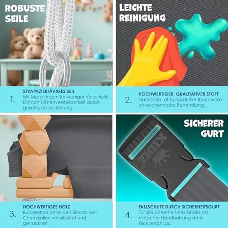 KIDIZ® Babyschaukel Kinderschaukel Schaukelsitz mit Polsterung | Holz-Schaukel mit Anti-Kipp bis 60KG | Höhenverstellbar Indoor & Outdoor | 0,5 - 3 Jahre | Montagezubehör & Sicherheitsgurt Anthrazit – Bild 5