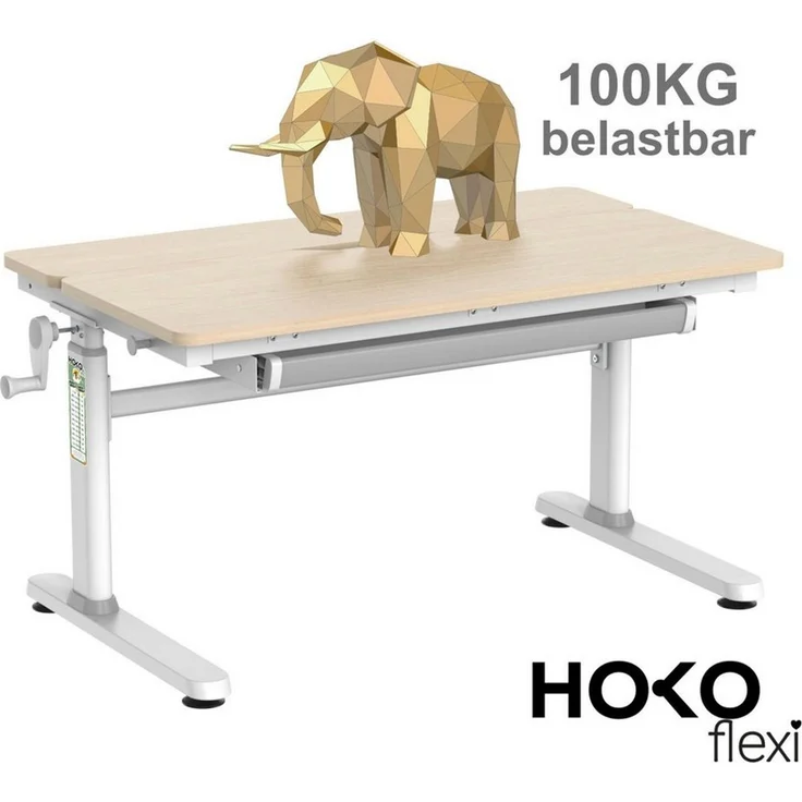 HOKO Kinderschreibtisch Ergo Jugend Schreibtisch höhenverstellbar 54-76 cm, 100x60 cm (ergonomischer Computertisch mit neigbarer Tischplatte (0-50) & Schublade, stabil & belastbar bis 100 kg, Weiß, Holzfarben) – Bild 3