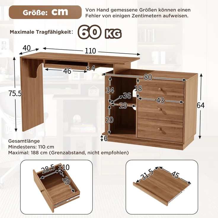 Moderner ausziehbarer Multifunktions-Computertisch mit ausziehbarer Platte, Tastaturauszug, offenen Fächern & Staurschrank mit 3 Schubladen, Schreibtisch für Heimstudium & Heimoffice--Nussbaum--76x40x75.5cm--YOUDENOVA – Bild 5