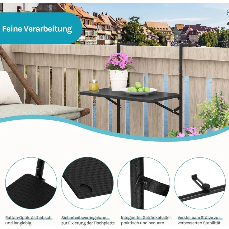 Woltu Balkonhängetisch (1-St), Klapptisch zum Hängen, mit 3 Höhenverstellbar, Schwarz – Bild 5