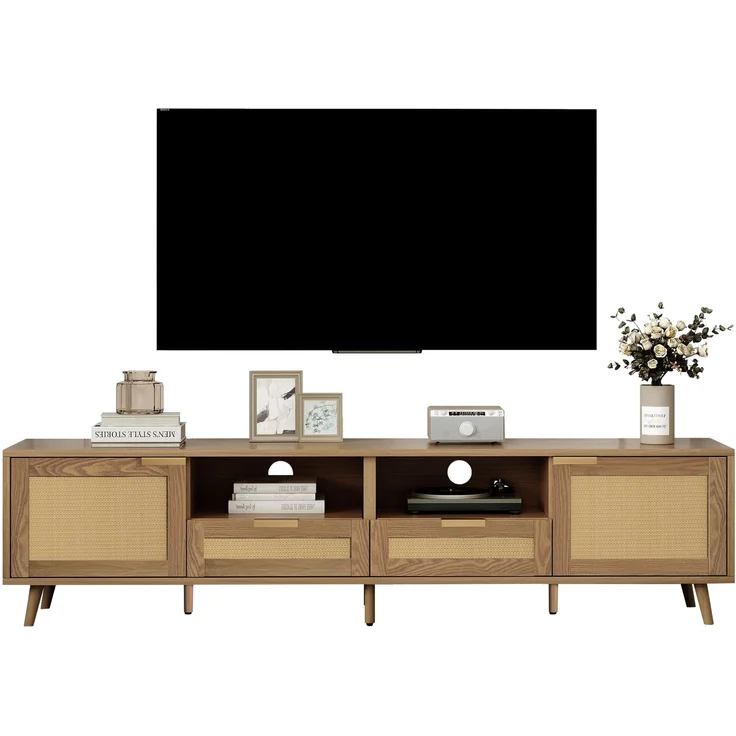 TV-Schrank, Rattan-Design, mit 2 Türen, 2 Schubladen & höhenverstellbaren Füßen, 200x37x49 cm, Eiche – Bild 4