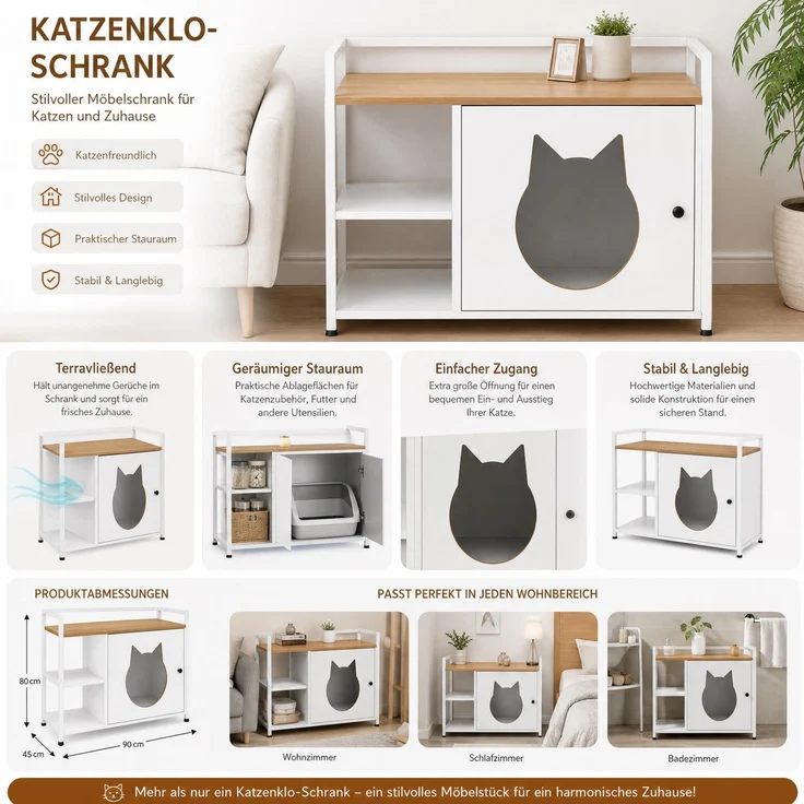 Katzentoilettenschrank mit Katzenhaus und 2 offenen Regalen, 76x54x59 cm, Weiß und helle Eiche – Bild 6
