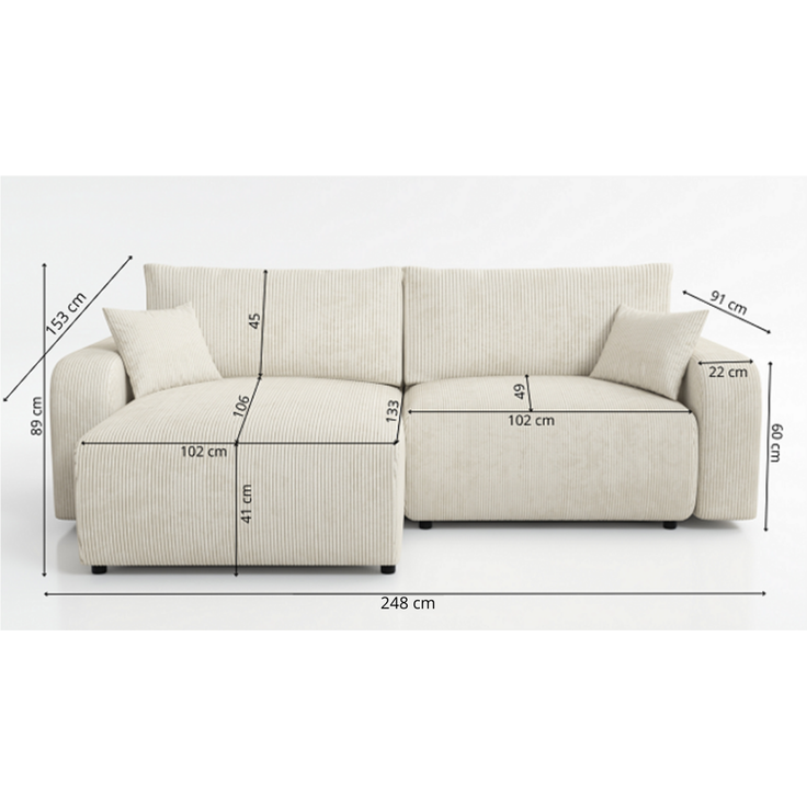 Wohnero24 Habana Mini Ecksofa 248x153 cm mit Schlaffunktion 204x133 cm – Eckcouch mit Bettkasten – Cord Creme Sofa L-Form – Wohnlandschaft Klein – Universal Montierbar – Bild 8