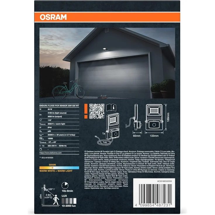 Osram ENDURA FLOOD PC 30W LED-Fluter mit Sensor, 3000K warmweiß, 3000 Lumen, IP44 weißes Flutlicht IR-Sensor, Lux-Einstellung 2-1000 – Bild 4