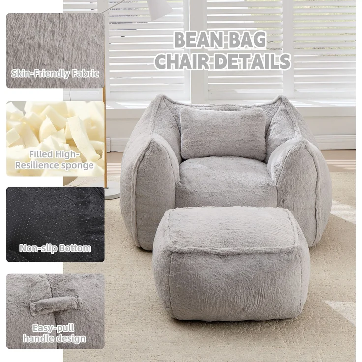 Riesiger Sitzsack für Erwachsene und Kinder, Sitzsack-Sofa mit Kunstfellbezug, Kissen und Hocker, bequemes Lese- und Spielsofa für Schlaf- und Wohnzimmer, Grau--Grau--123x157x73cm--YOUDENOVA – Bild 4
