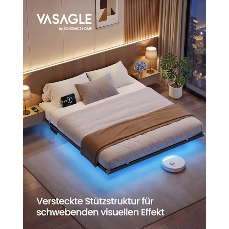 VASAGLE Bettgestell 180x200 cm, schwebender Effekt, LED-Beleuchtung, abnehmbare Steckdosenleiste, 2 AC-Steckdosen, 1 USB-C-Anschluss, 2 USB-A-Anschlüsse, trägt bis 500 kg, tintenschwarz RMB178B101 – Bild 3