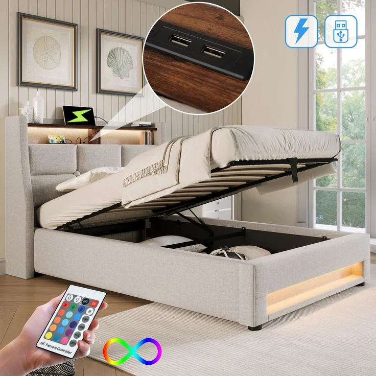 Polsterbett 90x200 cm Einzelbett mit LED-Beleuchtung, USB-Ladestation, Lattenrost und Stauraum, Leinen, Beige – Bild 3