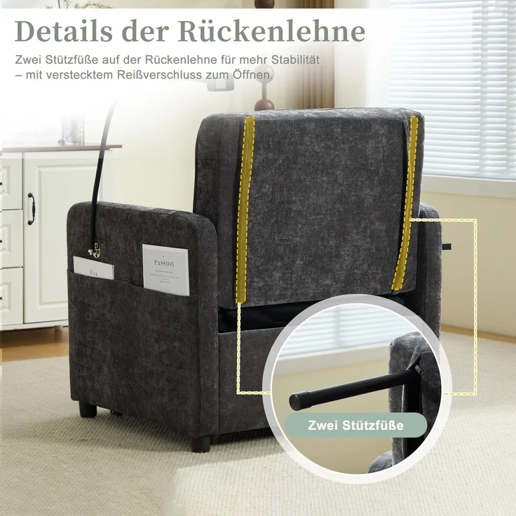 LVHOM Multifunktionaler Schlafsessel mit klappbarer Ablage, Ausziehbares 1-Sitzer Schlafsofa mit Handyhalter und Seitentaschen, Loungesessel, Dunkelgrau – Bild 8