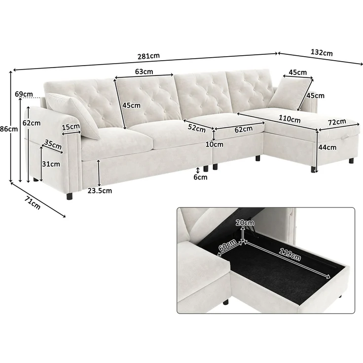 EINHOM Moderns sofa mit Stauraum im Eckbereich , L-förmiger Stauraum im Eckbereich links und rechts verstellbar, Seitliche Armlehnen mit Magazintaschen, Rückenlehne mit Knopfheftung. Beige. (281 x 86 x 71 cm) – Bild 2