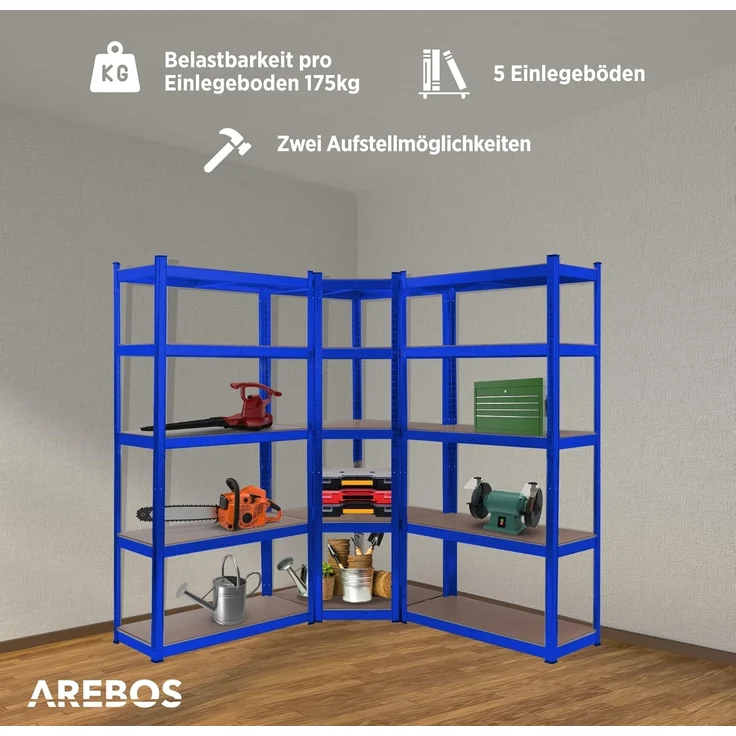 Arebos Schwerlastregal, Eckregal 180 x 90 x 40 cm, 180 x 70 x 70 cm, je 875 kg, Set 3-tlg, Stecksystem – Bild 3