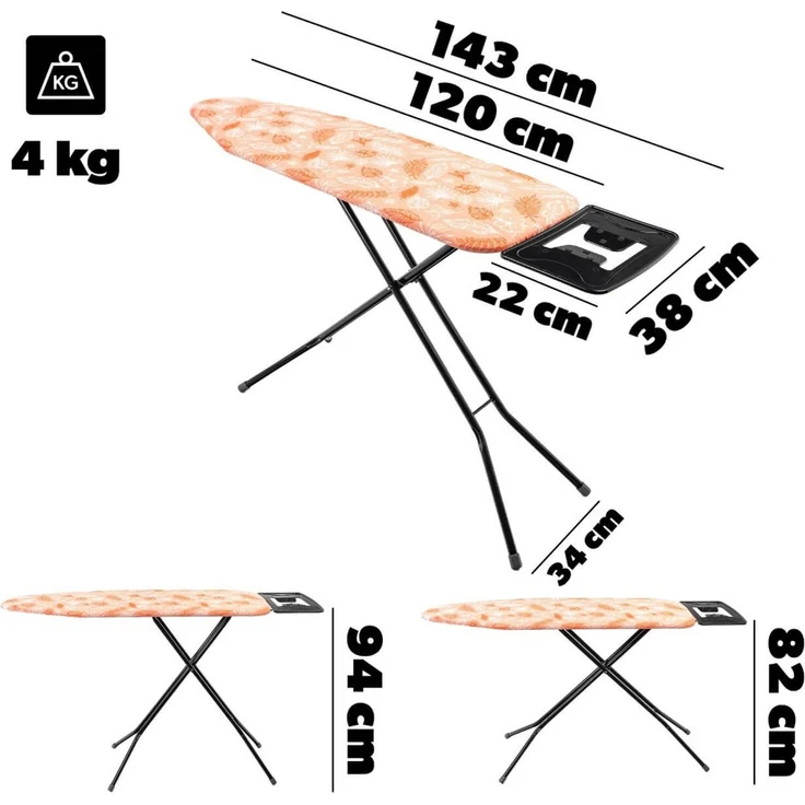 KADAX Bügelbrett 120x38 cm, klappbarer Bügeltisch mit stabiler Stahlkonstruktion, hitzebeständigem Bezug und Ablage für Bügeleisen, höhenverstellbar (Orange) – Bild 4