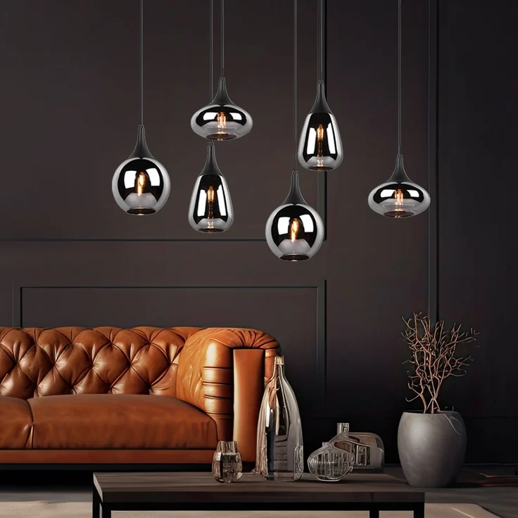 Hängeleuchte, Metall schwarz, Glas chrom, 6 Flammig, H 150cm – Bild 10