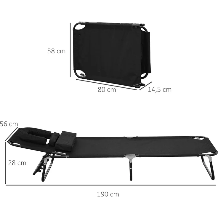 Outsunny Gartenliege Sonnenliege mit Lesefenster Gesichtsöffnung, Dreibeinliege, 1 St, Relaxliege, Schwarz L190 x B56 x H28 cm – Bild 3