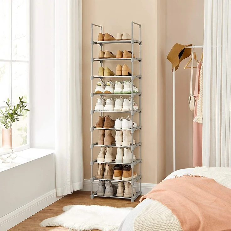 SONGMICS Schuhregal mit 10 Ebenen, offener Schuhschrank hoch, Schuhständer schmal, Schuhaufbewahrung, aus Metall, platzsparend, für Ankleidezimmer, Flur, 30 x 45 x 174 cm, grau – Bild 9