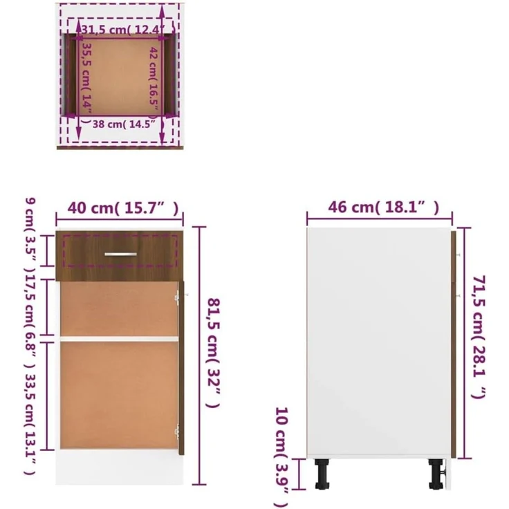 vidaXL Unterschrank, Küchenschrank mit Schublade 2 Fächern, Geschirrschrank für Küche, Küchenunterschrank Schrank Küchenmöbel, Braun Eichen-Optik – Bild 3