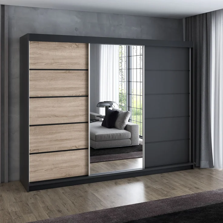 A&J MöbelLand 'Viluno 2' Schwebetürenschrank mit 4 Schubladen und Spiegel, Spanplatte, 215 x 59,5 x 200 cm, Natur / Schwarz / Schwarz – Bild 3